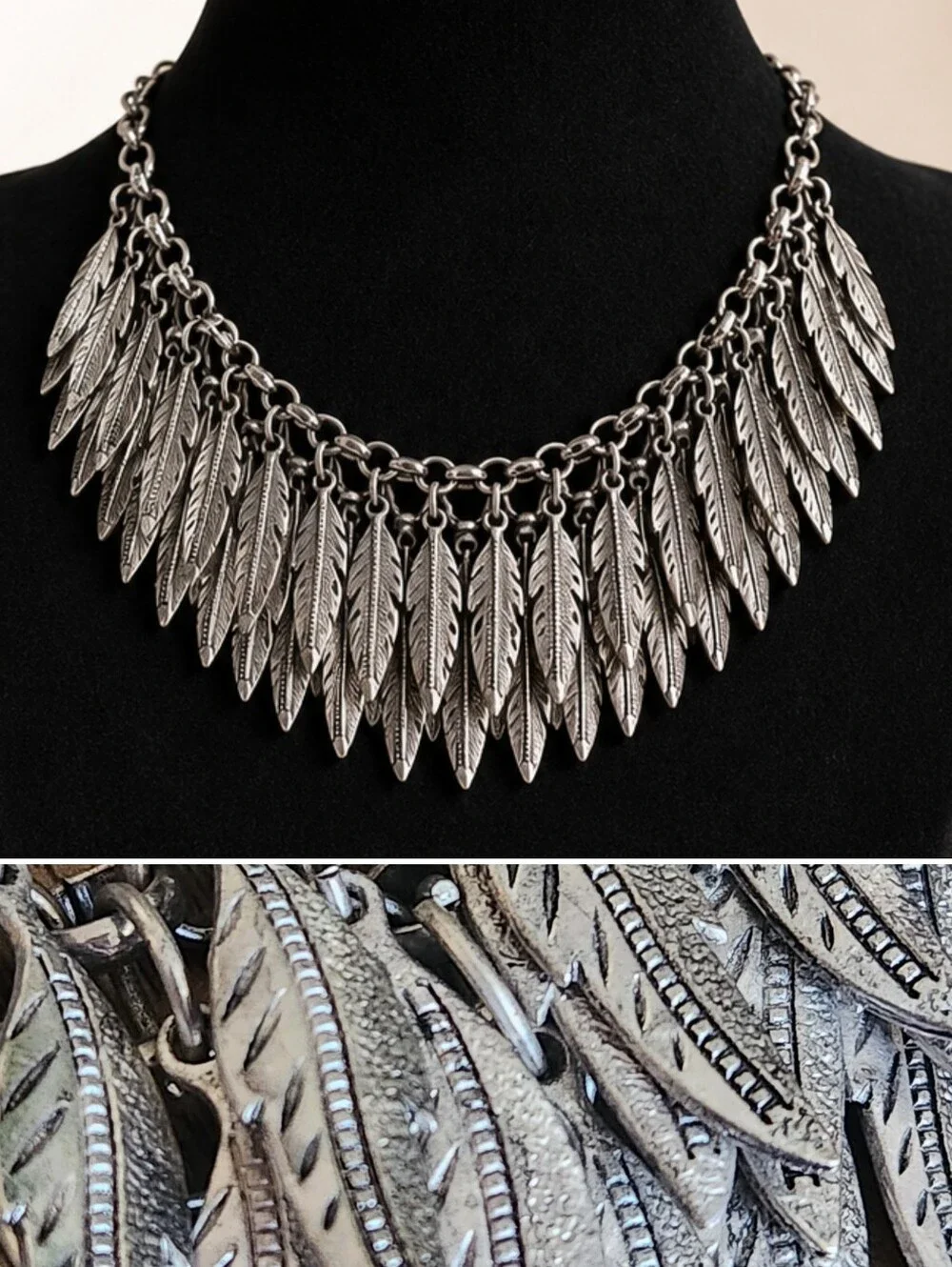 BOHO BURNISHED SILVER MULTI LAYER FEATHER BIB STATEMENT NECKLACE FESTIVAL